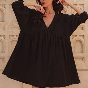 Black pleated linen mini dress